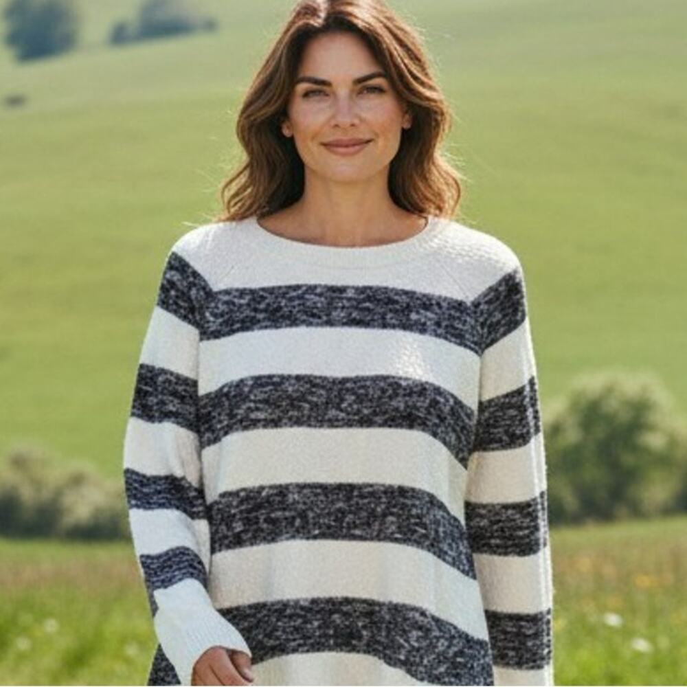 Lou & Grey Sweater Tunic Womens Large White Blue Striped Pockets Textured Knit
